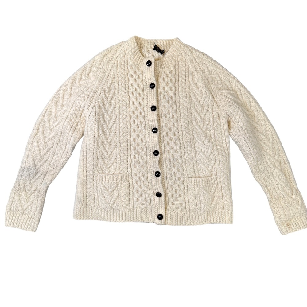 Gaeltarra Ireland Hand Knit Wool Aran Cardigan Sweater Cream Cable Knit Women 42